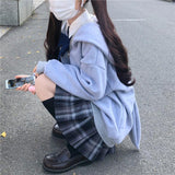 QWEEK Bunny Hoodie with Zipper Kawaii Oversized Sweatshirt 2021 Cardigan Women Long Sleeve Cute Top E Girl Pullover Solid Zip