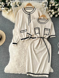 Women Fashion Knitted Two Piece Suits Long Sleeve Cardigan+Pocket Sheath Dress Suits Autumn Korean Solid Sweater