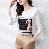 printing Women's silk shirts Spring Autumn Basic bottoming shirts Casual Tshirt Ladies o-neck Long Sleeve Tee