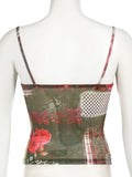 Vintage Slim Printed Lace Trim Camis Tops Sexy V-Neck Sleeveless Tank Tops Women 2024 Summer Fashion Streetwear Ladies-Outfit