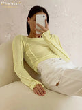 Bodycon White O-Neck Women'S T-Shirt 2021 Elegant Yellow Long Sleeve Fall Tee Shirt Casual Slim Elastic Solid Top
