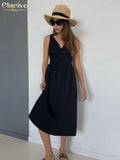 Summer V-Neck Green Women'S Dress 2022 Casual Loose Sleeveless Office Midi Dresses Elegant Classic Ruched Female