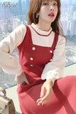 Knitted Woman Dress Women Party Slim Waist Long Sleeve A Line Sweater Dresses Ladies Fake Two Vestidos Mujer Winter