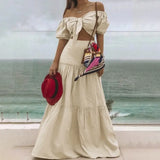 Women 2pcs Sets 2022 Summer Holiday Short Puff Sleeve Short Tops and Stitching Pleats Long Skirts Suits Sexy Dress