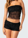 Women Layered Ruffles 2 Piece Summer Outfits Lace Mesh See Through Off Shoulder Tube Tops Shorts Club Streetwear 2024-Outfit