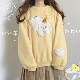 QWEEK Kawaii Doggy Hoodie Women Embroidered Blue Crewneck Sweatshirt Korean Winter 2021 Long Sleeve Cute Top Soft Girl