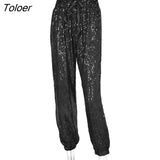 Sequin Sequin Drawstring Casual Pants 2023 Fashion New High Waist Ladies Lace-up