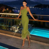 One Shoulder Feather Down Midi Dress For Women Gown Summer New Sleeveless Long Bodycon Clubwear Dress-Outfit