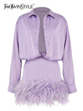 Sexy Dress For Women Lapel Long Sleeve High Waist Patchwork Feathers Solid Mini Dresses Female Spring Clothes