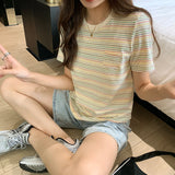 Style Rainbow Striped Round-Neck T-Shirt Women's Summer Loose Style Vintage Blouse Design Sense Minority-Outfit