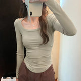 Sense Minority Hot Girls Hang Neck Pleated Long-Sleeved T-Shirt Women's Autumn New Solid Color Slim Bottom Underwear-Outfit