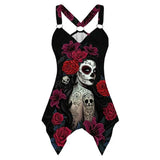 Tank Tops Gothic Skull Print Irregular Hem Sleeveless Shirt Summer Plus Size Ladies Casual V Neck Grqaphic Tee