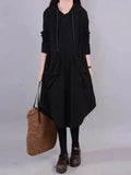 Women's Spring Autumn Fashion Solid Color Loose Large Pocket Irregular Hooded Medium Length Oversize Sweater Dresses for