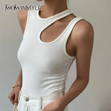 Casual White Cut Out Women's T Shirt Round Neck Sleeveless Korean Slim T Shirts Female Clothing 2022 Summer