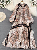 Quality Light Extravagant Lantern Long Sleeved Round Collar Waist Slim Single Breasted Printed Dress Elegant Long Skirt-Outfit
