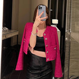 Vintage Small Fragrant Elegant Rose Tweed Short Jacket Coats For Women Autumn Long Sleeve Female Single-Breasted
