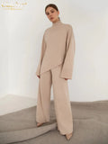 Winter Blue Knit Wool 2 Piece Sets Womens Outfits Elegant Turtleneck Long Sleeve Sweater With High Waist Wide Pants