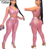 Fishnet Hollow Out Sparkly Crop Tops and Pants Tracksuit Large Size Summer Women Clothing Clubwear Two Piece Set