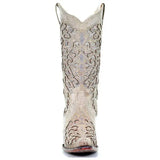 Women Autumn Winter Glitter Inlay and Crystals Boots Pointed Toe Retro Thick Heel Western Boots Shoes Elegant White Knee