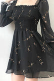 2023 Womens Sexy Black Dress Vintage Flower Long Puff Sleeve Chiffon Dresses Korean Casual Mini Vestidos Mujer