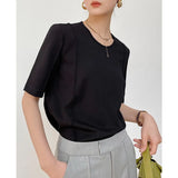 Women Black White Fold Brief Elegant T-shirt New Round Neck Half Sleeve Fashion Tide Spring Summer 2023