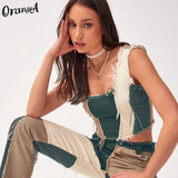 Women Striped Patchwork Denim Sleeveless Y2K Tank Top Vintage Backless Zipper Bodycon Casual Chic Streetwear Casual