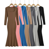 Sexy Square Collar Knitted Cotton Maxi Long Mermaid Dress Women Full Sleeve Stretch Basic Bodycon Fishtail Robe Vestido-Outfit