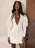 Fashion White Puff Long Sleeve Button Up Midi