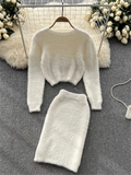 Winter Women Warm Sweater Suits Short Knit Top+High Waist Slim Skirt Sweet Streetwear Knitted Two Pieces