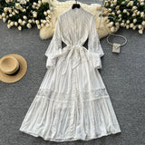 High-End Retro Lace Splicing Pearl Single Buckle Thin Temperament Collar Lantern Sleeve