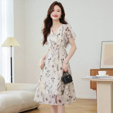 Feng Shuo Ink Printing V-Neck Dress Women 2025 Summer New Lotus Leaf Sleeve Mother Chiffon