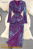 Women Elegant Winter Dress Floral Print Vintage Party Dress Sexy V-neck Full Sleeve Empire Folds Split Evening Club Velvet