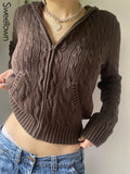 Solid Twist Floral Knitted Cardigan Hoodies Women New Sweaters Autumn Winter Long Sleeve Casual Jackets Hooded