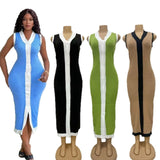 Collising Thread Single-Dlong V-Neck Sleeveless Elastic Knitted Mid-Long