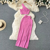 Knitted Sexy French Women Sets Summer 2022 Hollow Out Elastic Slim Casual Elegant Ladies Solid Split Two Piece