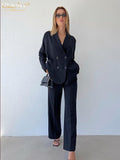 Casual Loose Blue Trousers Suits Fashion Long Sleeve Blazer With High Waist Straight Pants 2 Piece Sets Womens