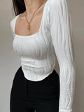 Asymmetric Creped White Long Sleeve Crop Top-Outfit