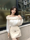Xixi 2025 Autumn White Standard French Temperament Cloud Out-Shoulder Design Chiffon Long Sleeve Top