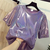 stylish bright silk woman tops shiny loose short sleeve t-shirt sexy club aesthetic harajuku women