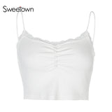 Streetwear Lace Patchwork Summer Solid White Tank Top Women Home Fashion Leisure Outfit Casual Crop Tops Kawaii