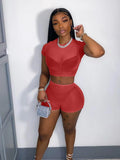 Summer Streetwear Womens 2 Two Peice Set Outfits Short Sleeve Crop Top High Waist Skinny Shorts Suits Mesh Matching