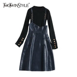 TWOTWINSTYLE Casual Two Piece Set For Women O Neck Long Sleeve Sweater Patchwork Chain Strap Dress Female Sets 2021