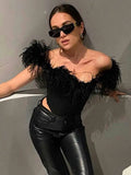 2022 Sexy Off Shoulder Y2K Feathers Corset Top Women Summer Sleeveless Elegant Lady Camis Tube Crop Top Club