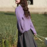 Left Bank Lazy Purple V-Neck Knitted Cardigan Blouse 2024 Autumn And Winter New Small Sweater Coat-Outfit