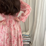 V-neck Elegant Print Chiffon Dress Women Female Puff Sleeve Korean Floral Party Dress Lady Fashion Vestidos Spring