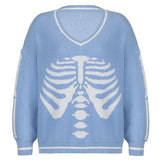 Skull Print V Neck Y2K Oversized Sweater Harajuku Casual Loose Knitted Top Pullovers Korean Punk Ladies Jumper