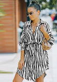 Turn-down Collar Full Sleeves Striped Print Belted Mini Loose Casual