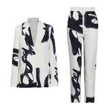 Colorblock Casual Two Piece Set For Females Notched Long Sleeve Blazers High Waist Pants Floral Print Women's