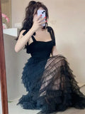 Woman Dress Sleeveless Bandage Bow Mesh Patchwork Layered 2024 Summer Elegant Dresses Party Ladies Black Temperament-Outfit
