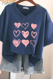 100% Cotton L-6XL T Shirt Plus Size Tshirt Short Sleeve Women Top Summer Heart Print Sweet V Neck Oversized T